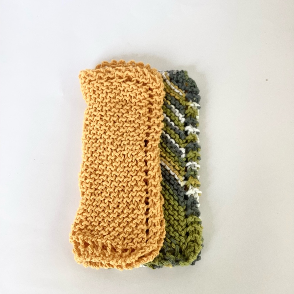 Dishcloth Washcloth Hand Crafted Gold Green Knit Cotton Rustic - Picture 8 of 16
